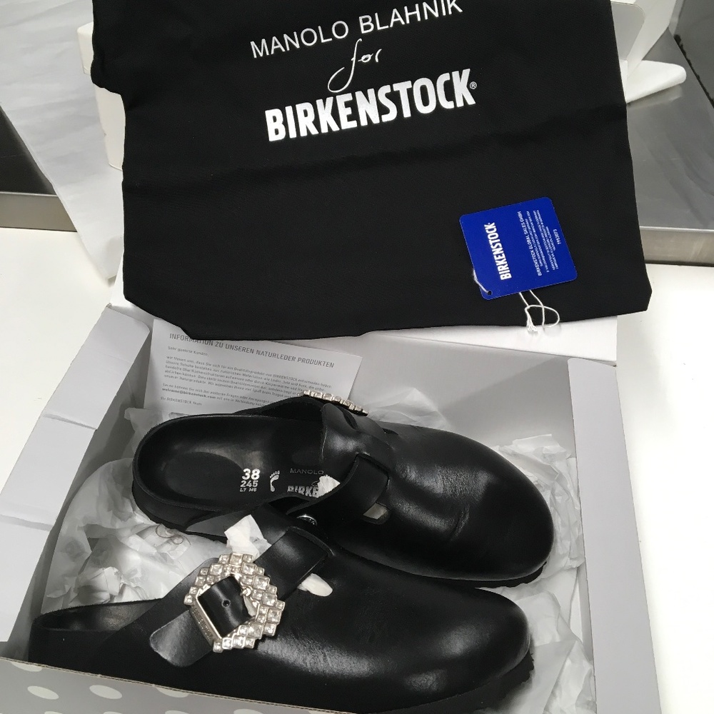 Manolo Blahnik x Birkenstock  Boston Black  Christal clogs  sz 38 Excellent